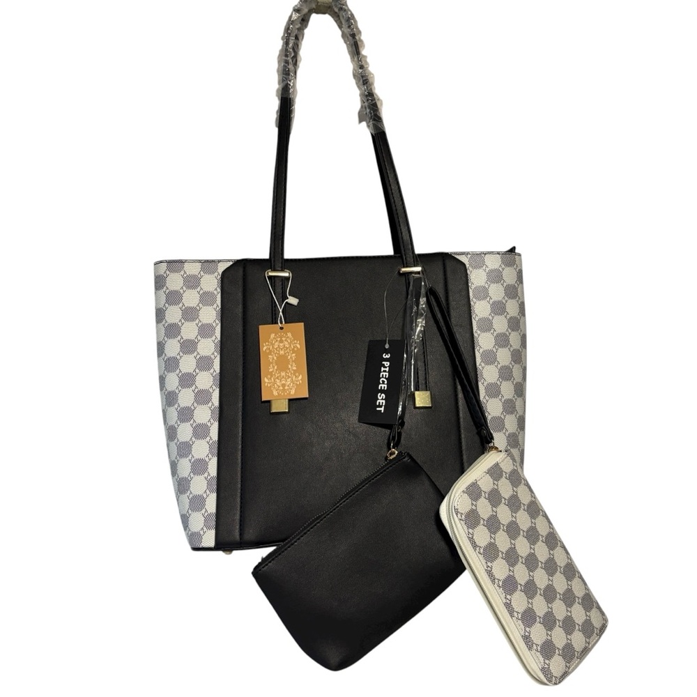 NEW 3 Pc Set Tote Purse Satchel Wallet, cosmetic bag black & white NWT Xmas gift